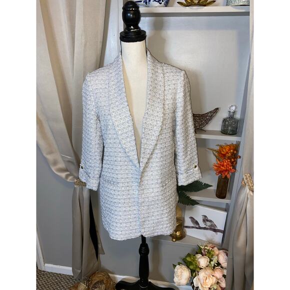 NWT $139 Anne Klein Medium Tempest Multi Textured Blue White Gold Open Blazer - Picture 1 of 12